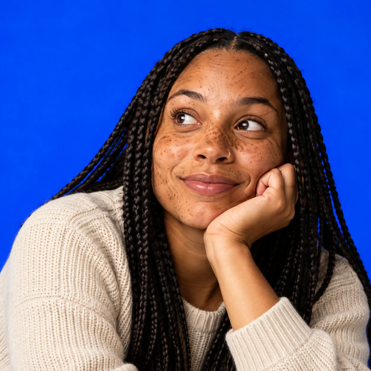 Tess, in an oatmeal sweater, looking up with a smile.